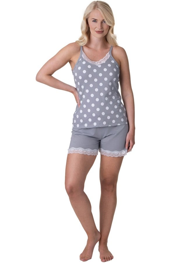 Camille Grey Lightweight 100% Cotton Spot Printed Sleeveless Top Pyjama Set With Lace Detailing