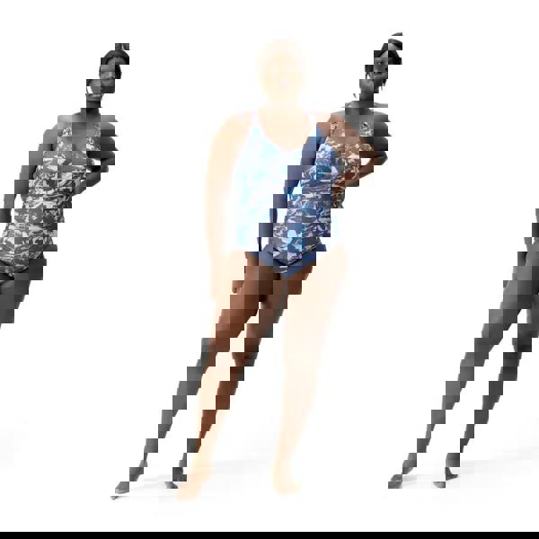 Plus size Speedo shaping printed V neck swimsuit in blue white floral