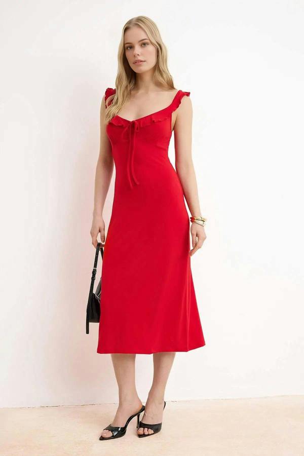 WOVCOR Bodycon V-Neck Thick Strap Sleeveless Maxi Stretch Knit Dress