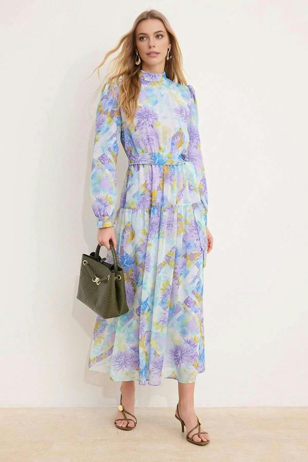 WOVCOR Belted Lined Floral Woven Chiffon Dress