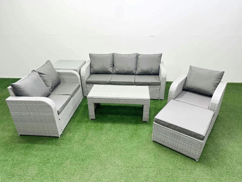 Fimous 7 Seater Patio Sofa Set, PE Rattan, Oblong Coffee Table, Reclining Chair, Loveseat, 3 Seater Sofa, Big Footstool & Side Table, Light Grey