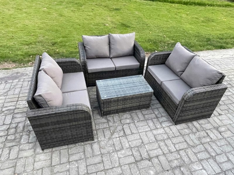 Fimous Outdoor Garden Furniture Sets 6 Seater Wicker Rattan Furniture Sofa Sets with Rectangular Coffee Table Love Sofa Dark Grey Mixed