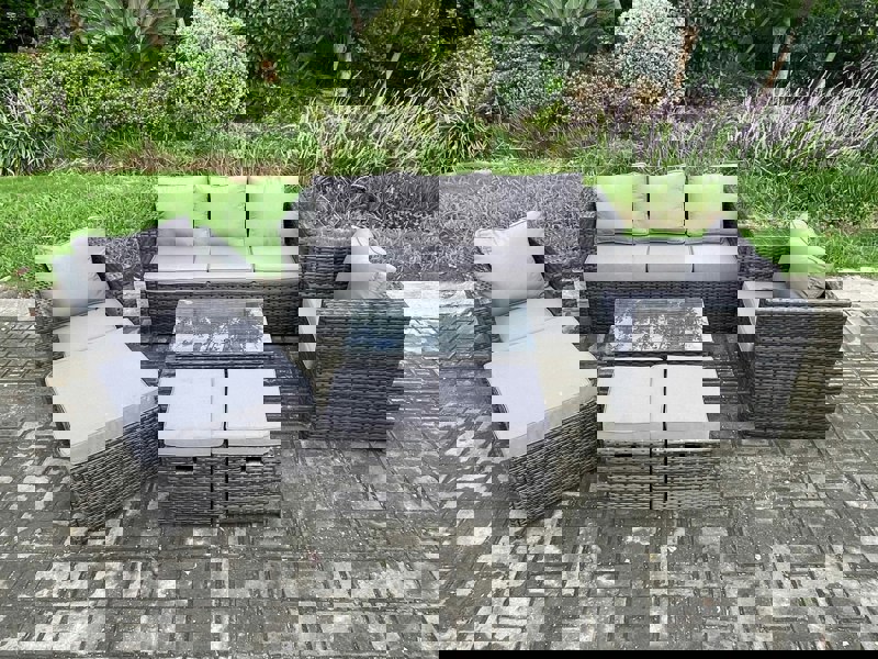 Fimous Outdoor Rattan Garden Furniture Set with 3 Seater Sofa Coffee Table 2 Armchairs 3 Footstools Patio Lounge Sofa Set Dark Grey Mixed