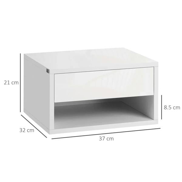White floating bedside table with open shelf and drawer, shown with size measurements