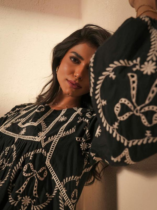 Rose & Nancy Charlie Black and ivory Bow embroidered Long Sleeve Blouse