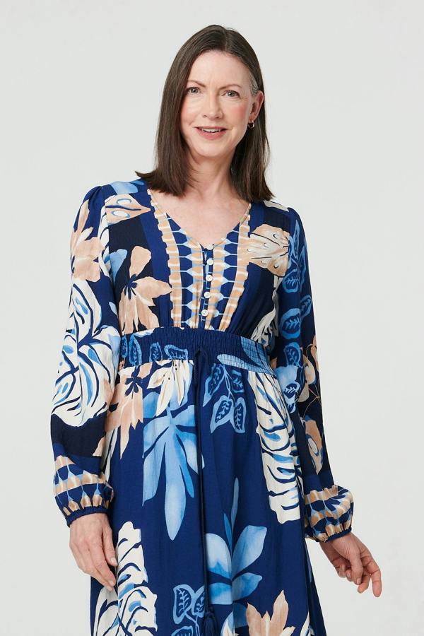Blue | Printed Long Sleeve A-Line Maxi Dress