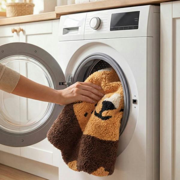 Person taking a cartoon-themed towel out of a washing machine in a kitchen.