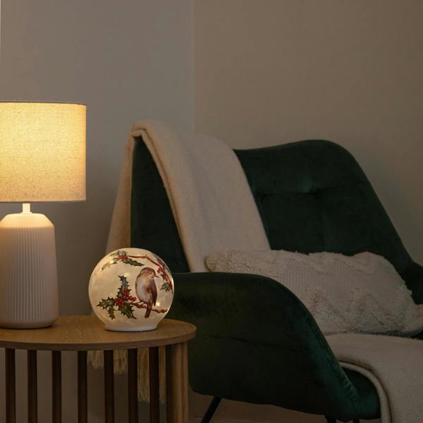 Samuel Alexander 15cm Light Up Christmas Robin Glass Ball with Warm White LEDs