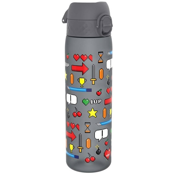 A gray water bottle, displaying pixelated video game icons, stands on a white background. The bottle features cherries, hearts, arrows, swords, and “1UP” text.