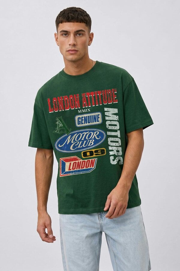 London Attitude Oversized Heavyweight Vintage Racing T-Shirt - Forest green