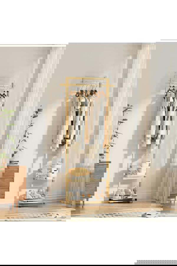 Living and Home Bamboo Rolling Clothes Garment Rack with 2-tier Shelves & Wheels - Natural