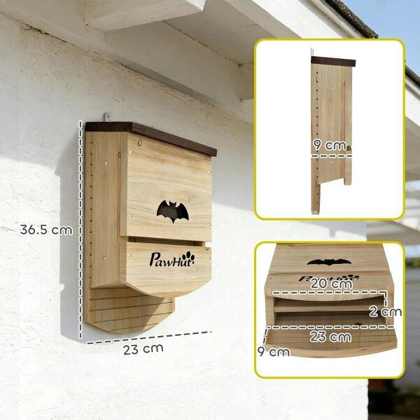 Bat Boxes, Pack of 3 Wooden Bat Houses for Outdoor, Garden, Farm, Easy to Hang, 23 x 9.5 x 36.5 cm, Natural