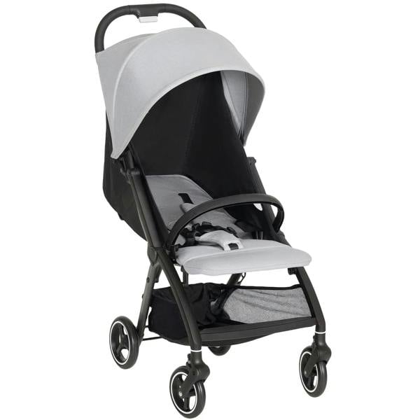 Light grey travel stroller with canopy and reclined seat, front wheels and storage basket visible