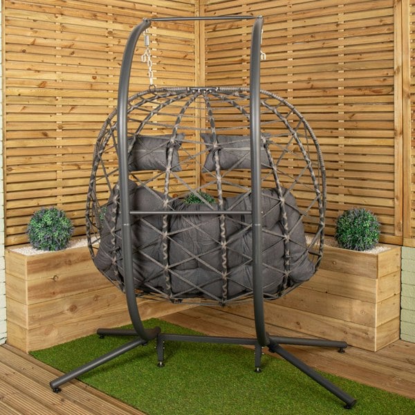 Samuel Alexander 2 Seater Hanging Garden Rattan Egg Chair with Steel Frame and Waterproof Cover in Grey