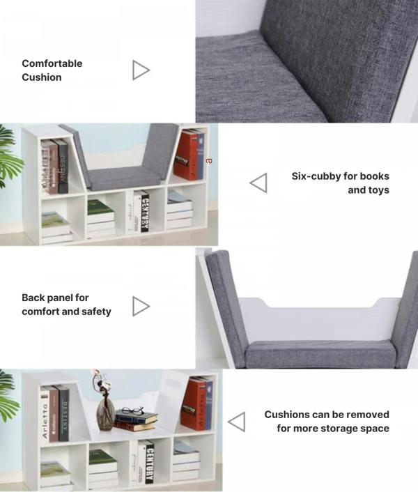 ADOV Kids Bookcase Storage Shelf with Cushioned Reading Nook, 6-Cube Bookshelf Organiser for Books and Toys