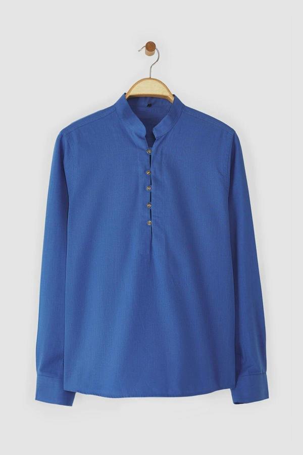 WOVCOR Slim Fit Half Placket Mandarin Collar 100% Cotton Linen Look Men’s Shirt