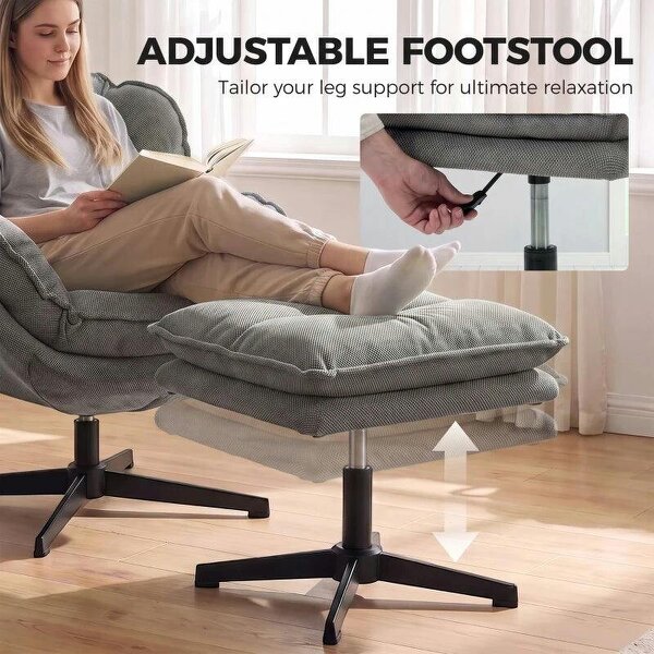 Armchair with Adjustable Footstool, 360-Degree Swivel Chenille Cloud Accent Chair with Thick Cushion, Steel Base, Grey