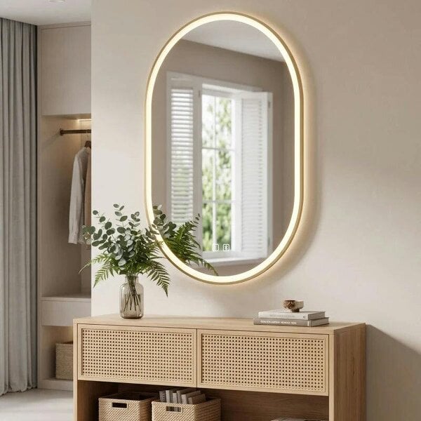 Bathroom Mirror with LED Lights, 100x70cm Oval Bathroom Mirror, Dimmable, Bluetooth, Anti-Fog, Gold Tone