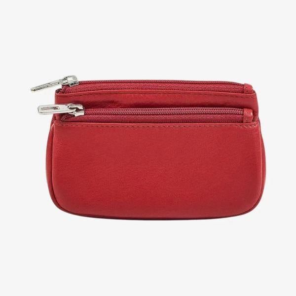 Red Leather Coin Purse with Dual Zip Closure