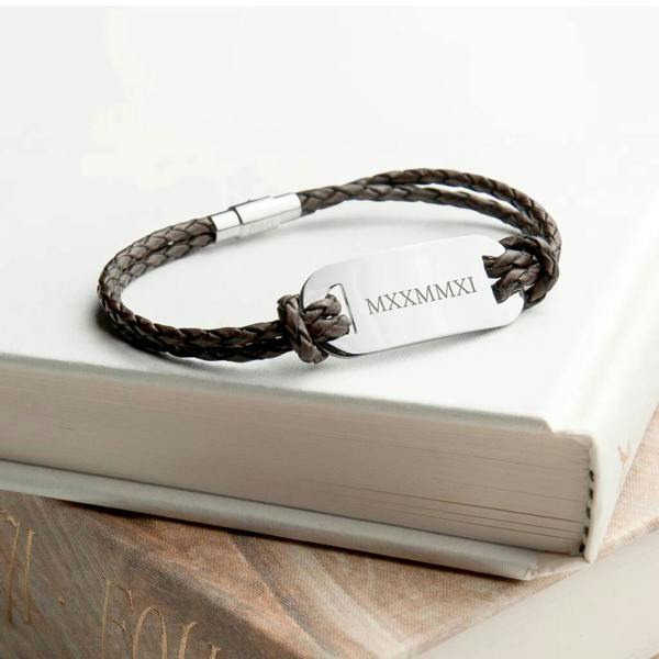Personalised Men's Roman Numerals Leather Bracelet - close-up detail