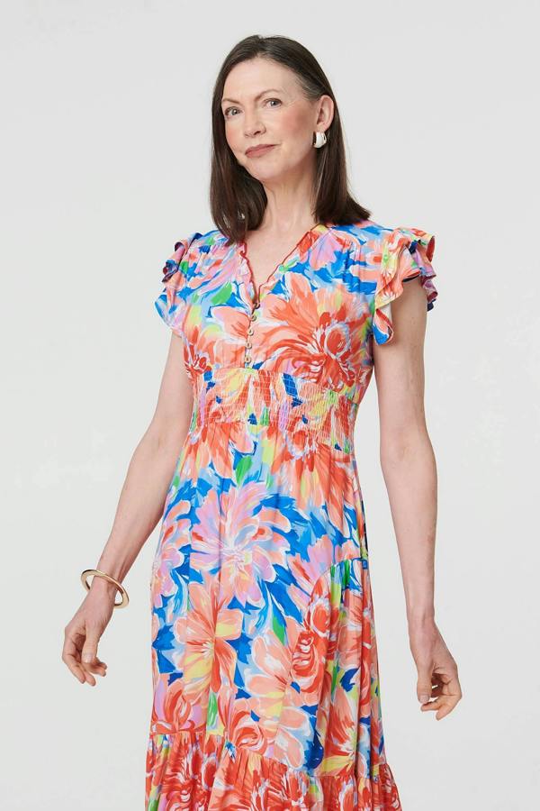 Blue | Floral Cap Sleeve Maxi Shirred Dress
