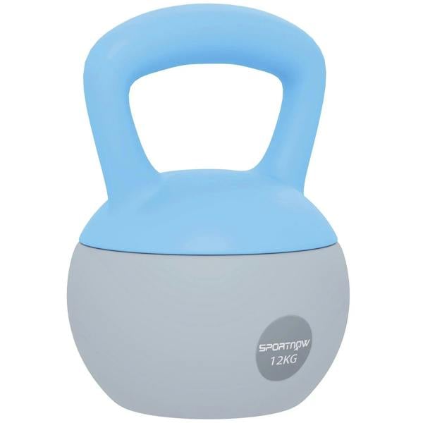 Soft kettlebell with non-slip handle, light blue top and grey base, 12kg
