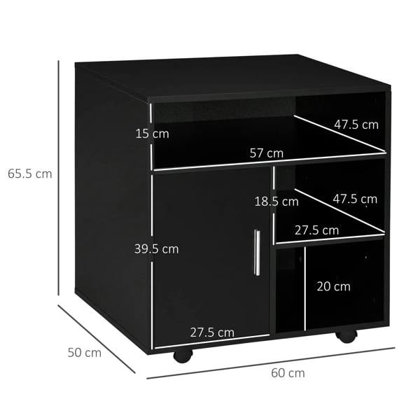 Black printer stand cabinet with open storage shelves and labeled dimensions