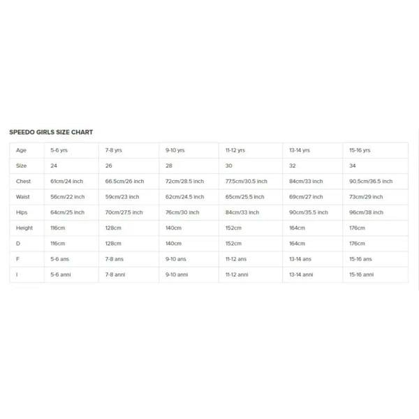 Speedo girls printed splashback swimsuit size chart ages 5-16