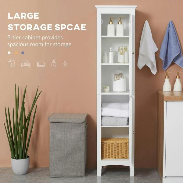 White tall cabinet with open door and multiple interior shelves for bathroom storage