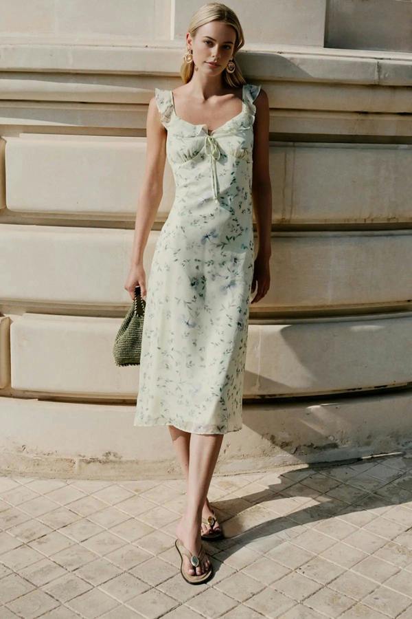 Floral Print A-Line Frill Detail Midi Dress