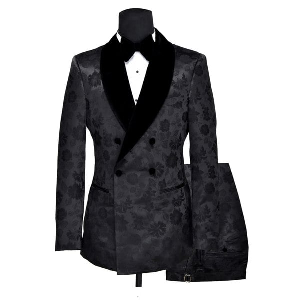 David WeJ Atticus Double Breasted Jacquard Velvet Shawl Lapel Tuxedo- Black