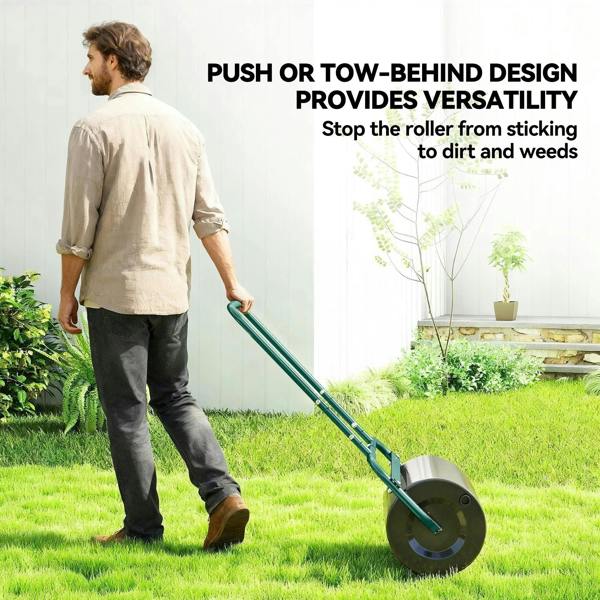 Dark green steel lawn roller with black drum and push-behind design handle