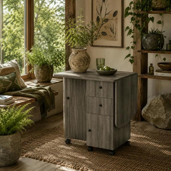 Wyld Haus Todiralo Wooden Grey Drop Leaf Dining Table With Built In Storage For 6