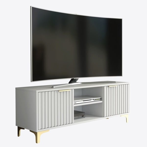 Mex Furniture Bold White 120cm TV Unit with Ribbed Fronts and Gold Accents