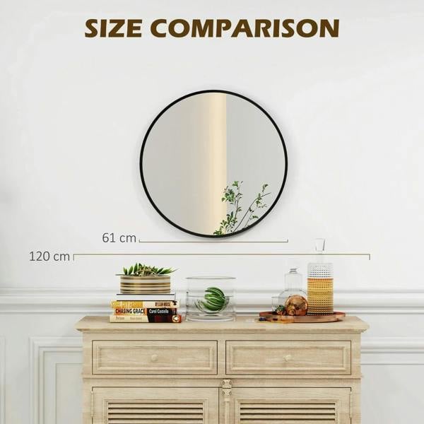 Round black-framed wall mirror shown with size comparison lines and dresser decor
