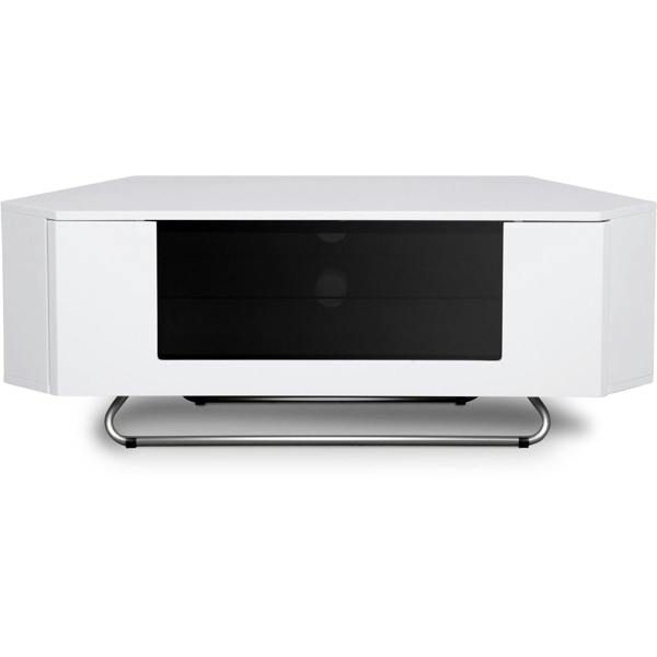 Homeology Hampshire Corner-Friendly Gloss White with Black Glass Beam-Thru Remote Friendly Door 26"-50" Flat Screen TV Cabinet