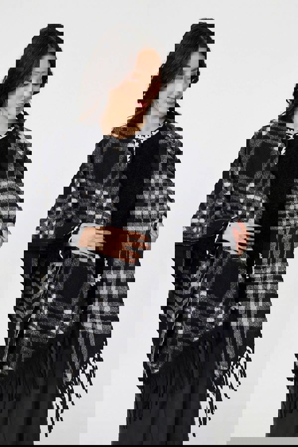 Black | Checked Fringed Oversized Poncho
