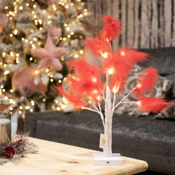55cm Red Feather Tree Table Lamp with Warm White LEDs, Battery Operated Decorative Light image 3