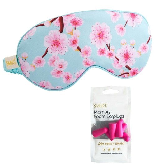 SMUG Satin Sleep Mask - Cherry Blossom Print - Sleep Mask & Pink Earplugs