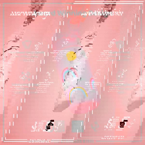 A pink, rainbow-patterned stainless steel water bottle is being held. It has a hide-away handle, hygiene cover, and wide mouth. The background is pink, with text describing its features and awards. “Award Winning Design,” “Hide-Away Carry Handle,” “Hygiene Cover,” “Crevice Free Design,” and “Wide Opening Mouth” are prominent labels. The bottle is also labelled “POD STAINLESS STEEL” at the bottom, and shows logos indicating it won the German Design Award in 2024 and the Good Design award.