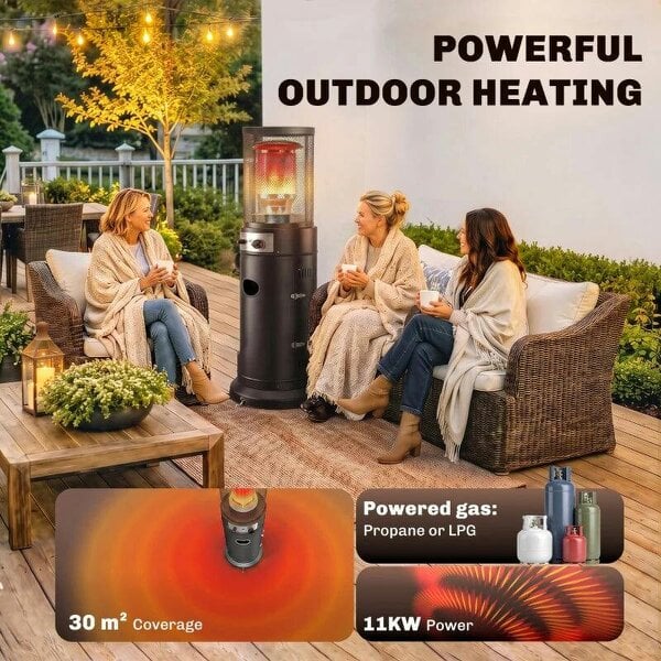 Bobobiy Gas Patio Heater, 11 kW Portable Propane Outdoor Heater with Pulse Ignition, Protective Mesh, Tip-over Protection, Black