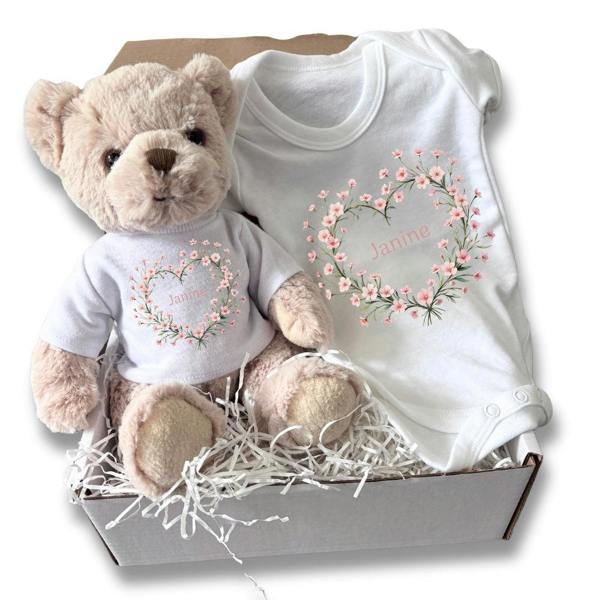 Personalised Pink Flower Heart Name Gift Hamper Baby Gift Box - Teddy & Vest