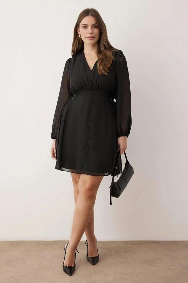 WOVCOR Chiffon Woven Dress with Eyelet Detail and Button Closure