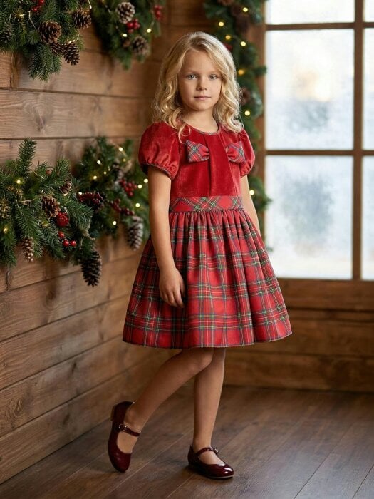 DRESS & Fleur Girls Tartan Dress in Red