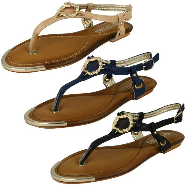 Spot On Ladies Spot On Flat Toe Post Sandal With Snake Trim