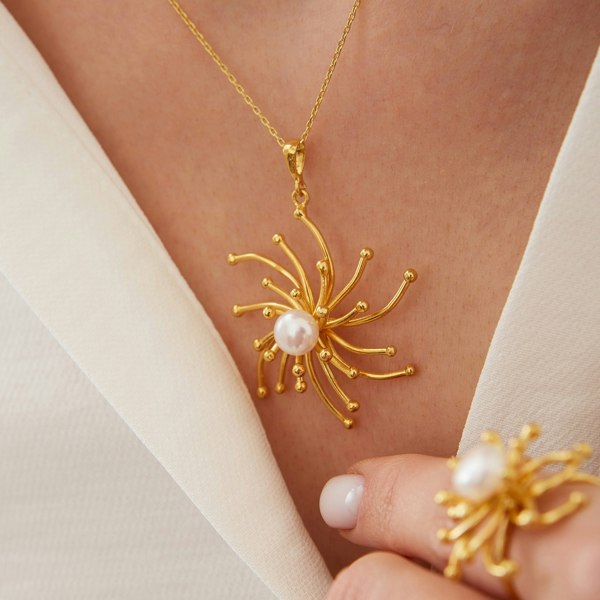 Spero London Pearl Sun Molten Dripping Sunburst Sterling Silver Set - Ring, Necklace & Earrings