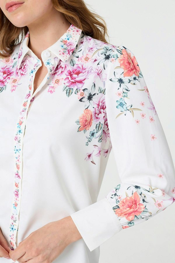 White | Floral Border Print Long Sleeve Shirt
