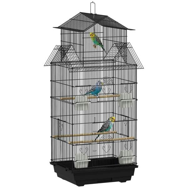 Black metal birdcage with plastic swing, perches, and feeding tray; three finches inside