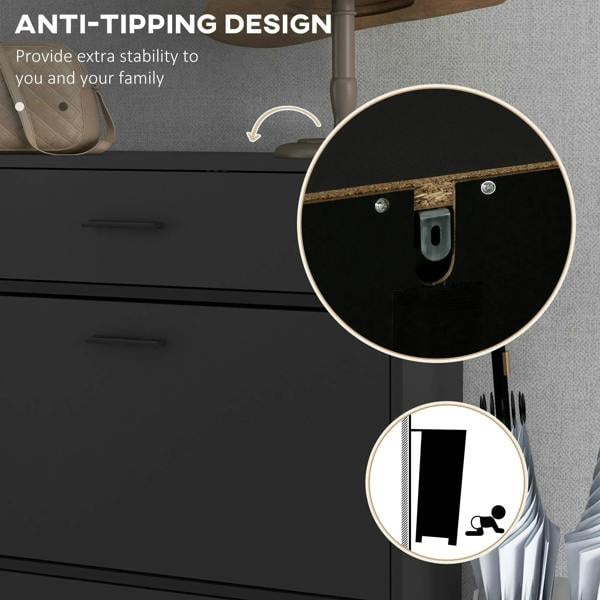 Black shoe cabinet with anti-tipping bracket and two front drawers