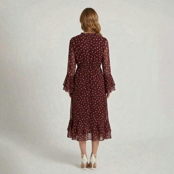 Izabel London Polka Dot Frilled Semi Sheer Midi Dress